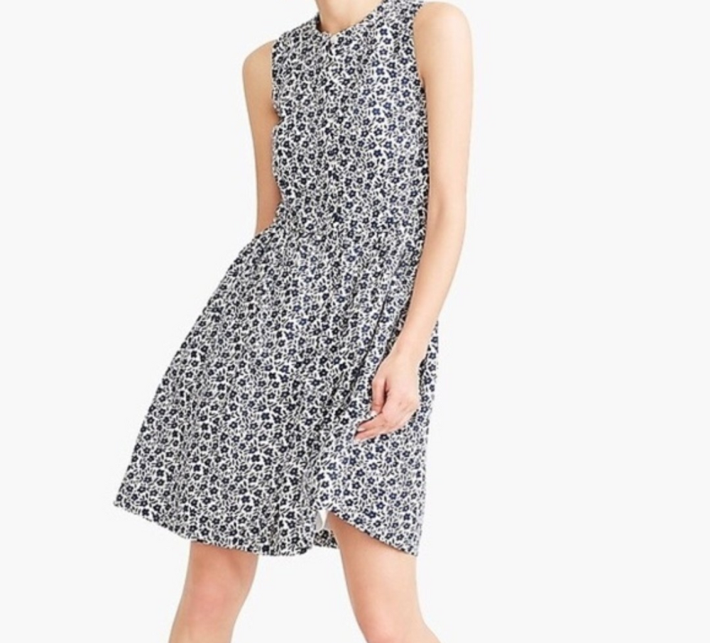 J.Crew Dress Women 14 Blue Floral Linen Cotton Fit Flare Buttoned Pockets Lined